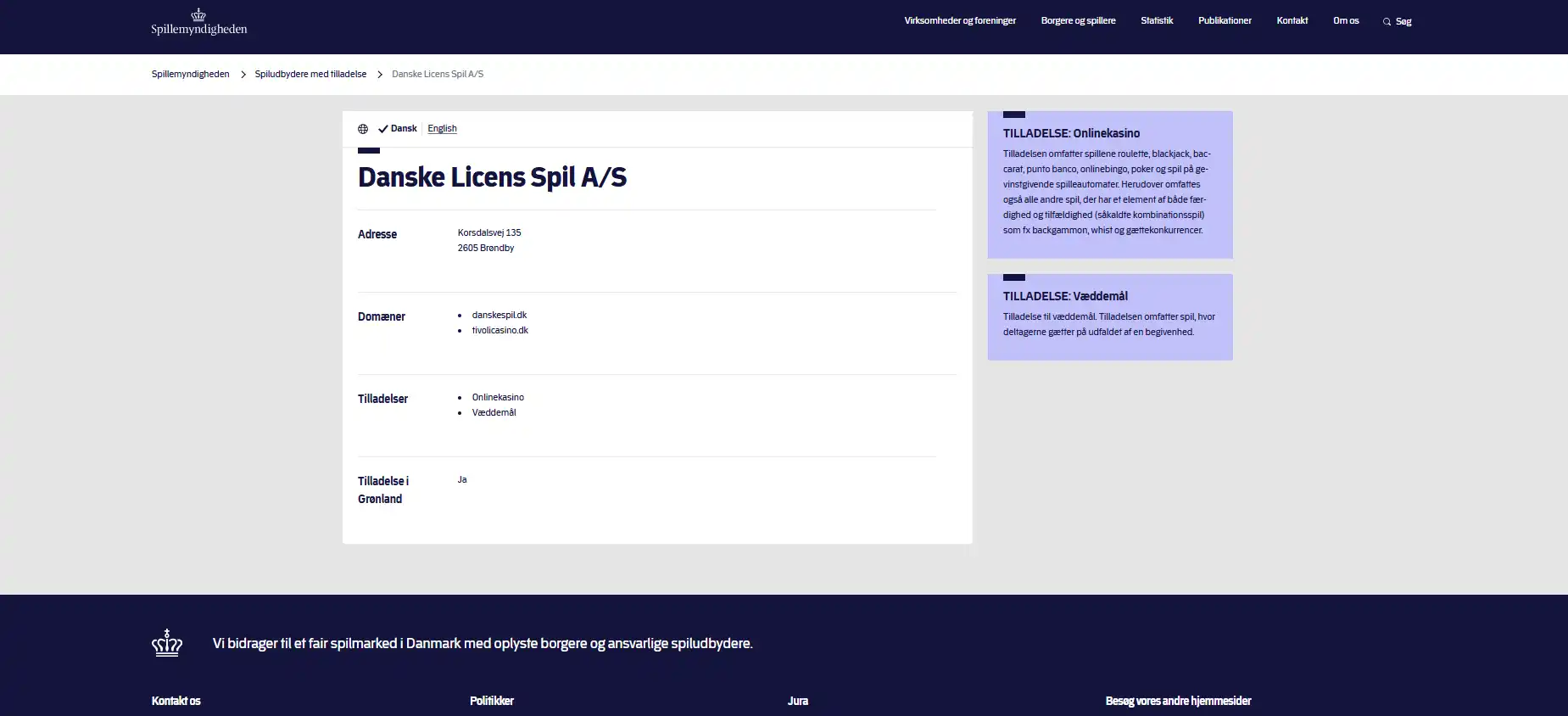 Spillemyndighedens registerpost for Danske Licens Spil A/S og tivolicasino.dk