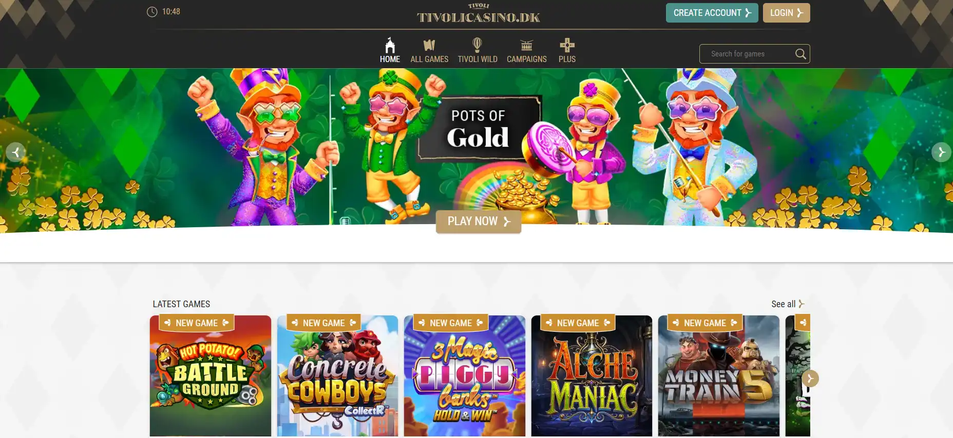 Tivoli Casinos danske forside med navigation og casinoindgang