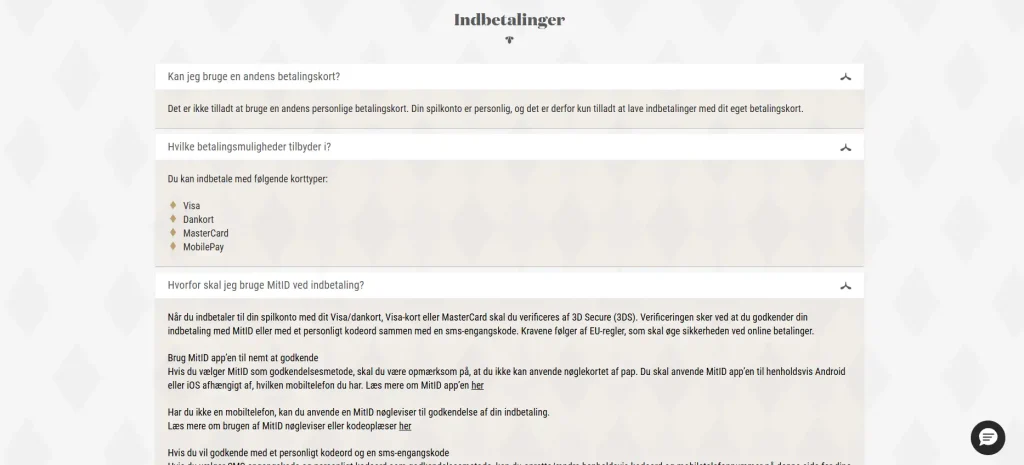 Tivoli Casinos FAQ med Visa, Dankort, MasterCard og MobilePay